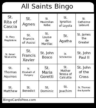 All Saints Bingo Card 2