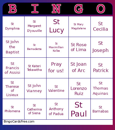 All Saints Bingo Card
