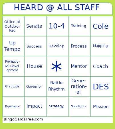 All Staff - NDPRD Bingo Cards Free Pdf Printable Game, Title: HEARD @ ALL STAFF