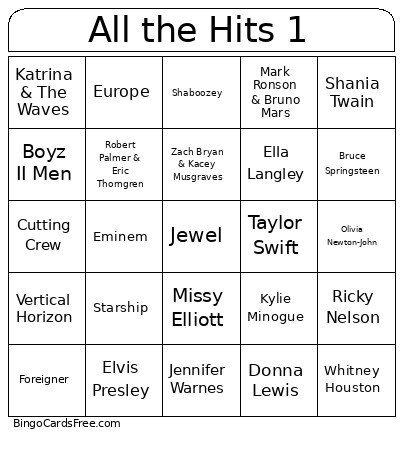 All The Hits 1 Bingo Card
