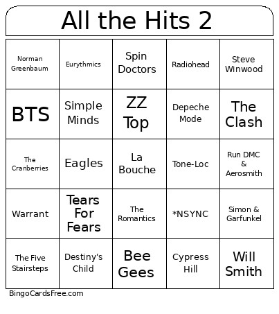 All The Hits 2 Bingo Card