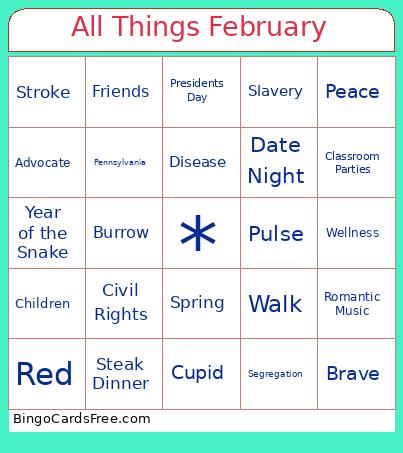 All Things February Bingo Card