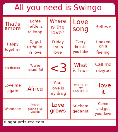 All You Need Is Swingo Bingo Card