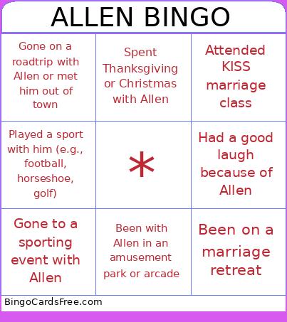 dads bday Bingo Cards Free Pdf Printable Game, Title: ALLEN BINGO
