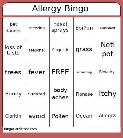 Allergy Bingo Card