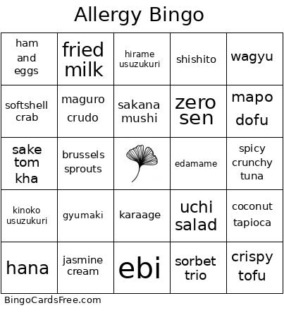 Allergy Bingo Card