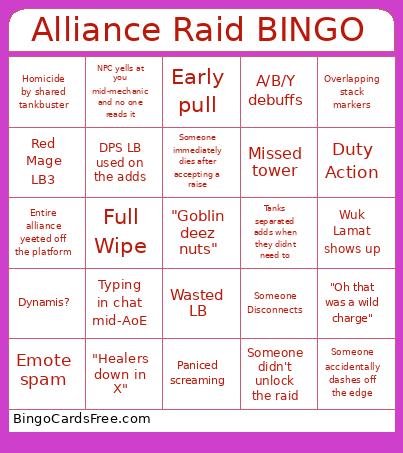 Alliance Raid Bingo Card