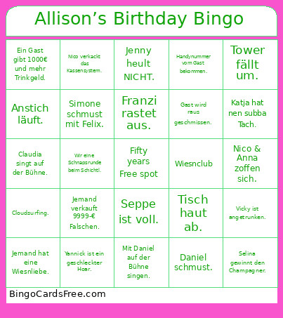 Allison’s Birthday Bingo Card