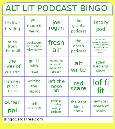 ALT LIT PODCAST Bingo Card