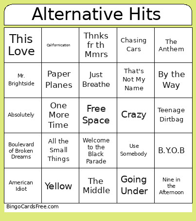 Alternative Hits Bingo Card