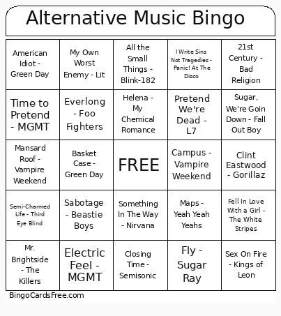 Alternative Music Bingo Card
