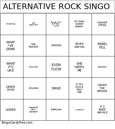 ALTERNATIVE ROCK SINGO Bingo Card