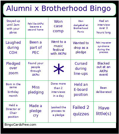 Alumni X Brotherhood Mixer Bingo Card