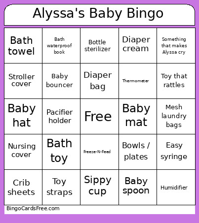 Alyssa's Baby Bingo Card