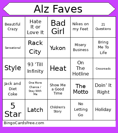 Alz Faves Bingo Card