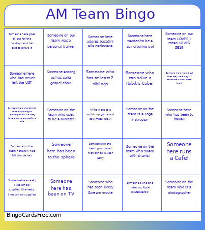 AM Team Bingo Card