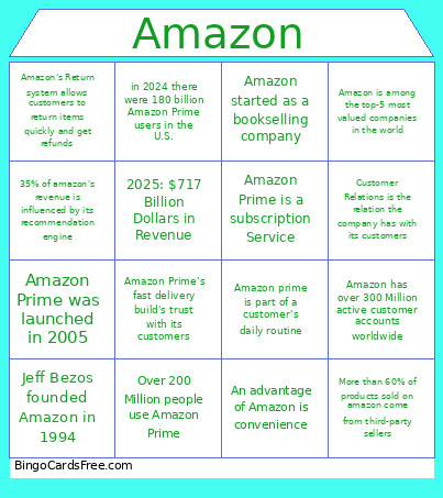 Amazon Bingo Card