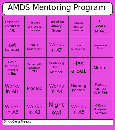 AMDS Mentoring Program Bingo Card