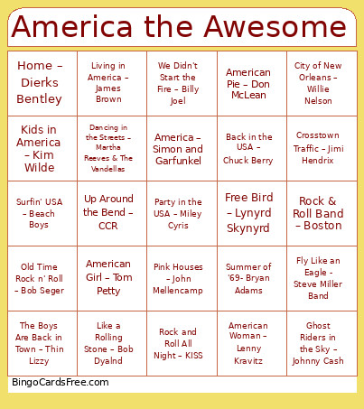 America The Awesome Bingo Card