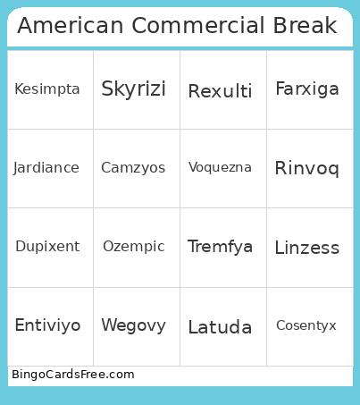 American Commercial Break Medication Round-up Bingo