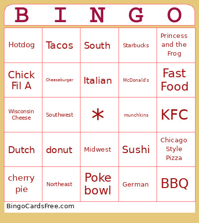 American Food Culture Bingo Card