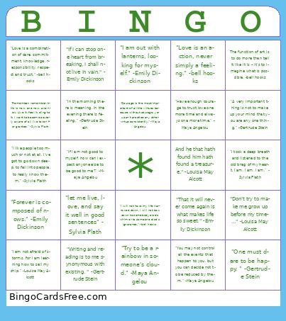 American Women Writers Quotes  Bingo Cards Free Pdf Printable Game, Title: BINGO