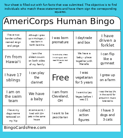 AmeriCorps Human Bingo Card