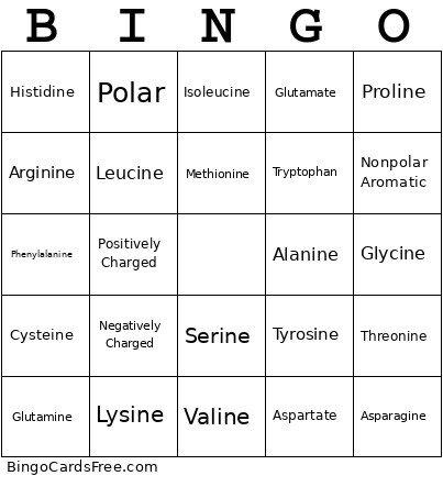 Amino Acid Bingo Card