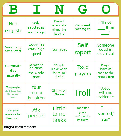 Among Us Public Lobbies Bingo Card