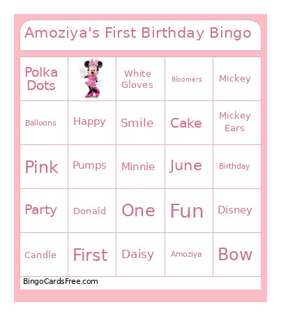 Amoziya's First Birthday Bingo Card