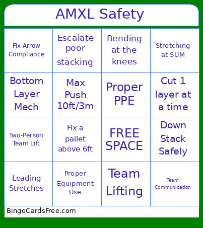 AMXL Safety Bingo Card