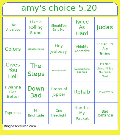 Amy's Choice 5.20 Bingo Card