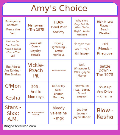 Amy's Choice Bingo Card