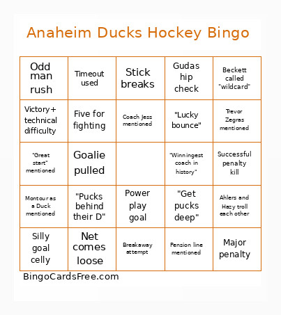 Anaheim Ducks Hockey Bingo Card