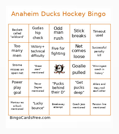 Anaheim Ducks Hockey Season Opener Bingo Card
