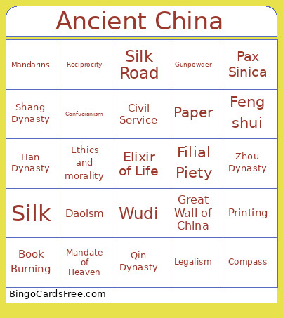 Ancient China Bingo Card
