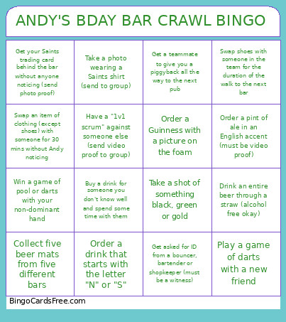 ANDY'S BDAY BAR CRAWL Bingo Card