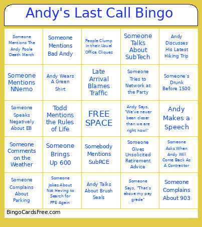 Andy's Last Call Bingo Card