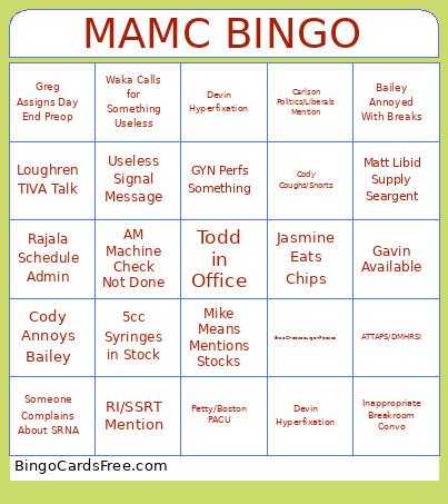 Anesthesia Bingo Card
