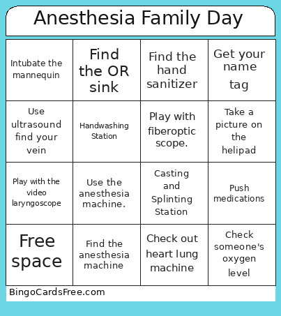 Anesthesia Family Day Bingo Card