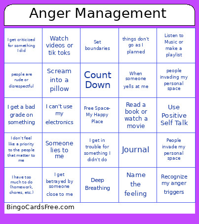 Anger Management Bingo Card