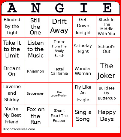 Angie 1976 Music Bingo Card