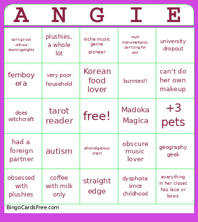 Angie Bingo Card