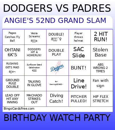 ANGIE'S 52ND GRAND SLAM Bingo Card
