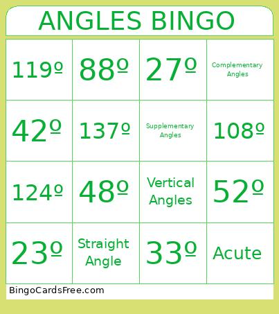 Angles Bingo! Cards Free Pdf Printable Game, Title: ANGLES BINGO