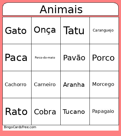 Animais Bingo Card