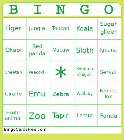 Animal Bingo Card