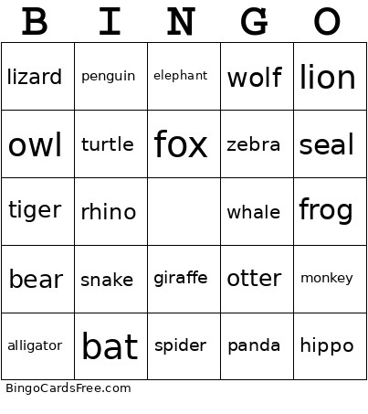 Animal Bingo Card