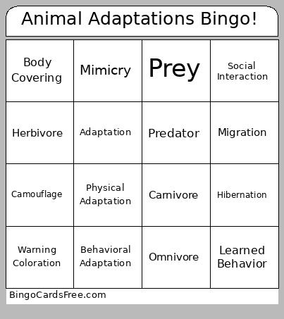 Adaptation Bingo Cards Free Pdf Printable Game, Title: Animal Adaptations Bingo!