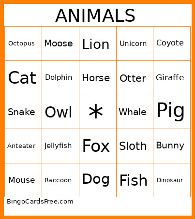 Animal Bingo Card